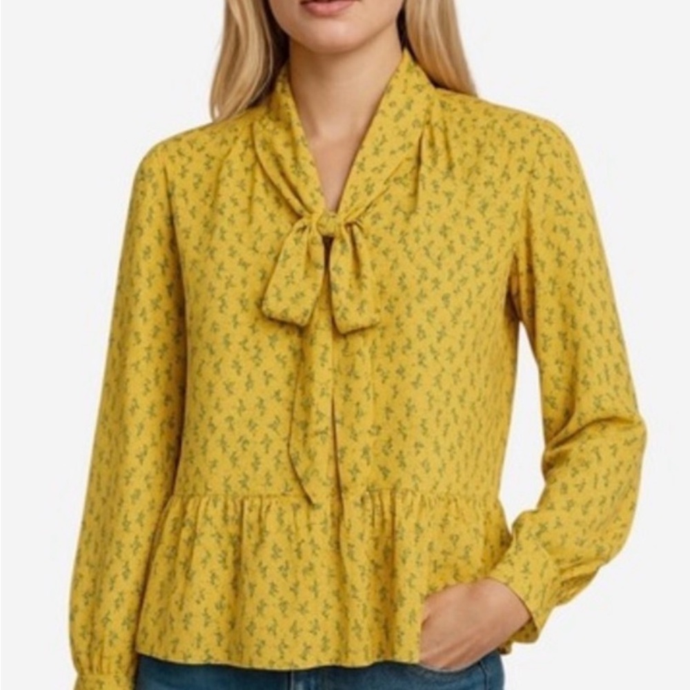 LOFT Mustard Floral Blouse with Bow